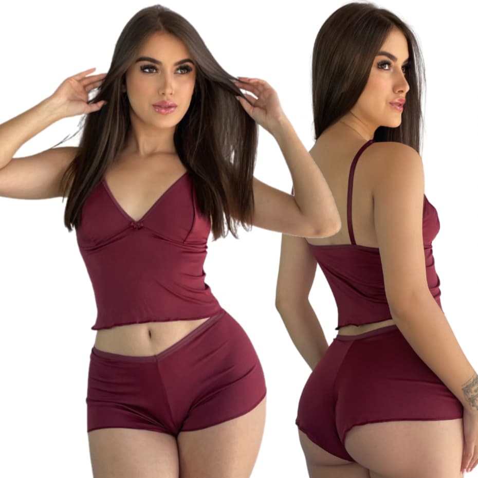 Baby Doll Microfibra Duplo Top Pijama Noite Conjunto Cropped