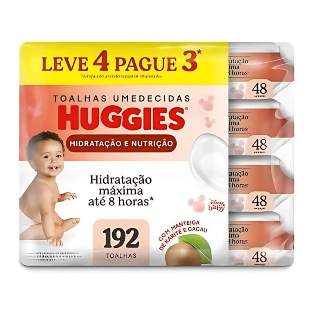 Kit com 4x Toalha Lenço Umedecida Huggies Hidratação e Nutrição Pacote 48un cada - Total 192