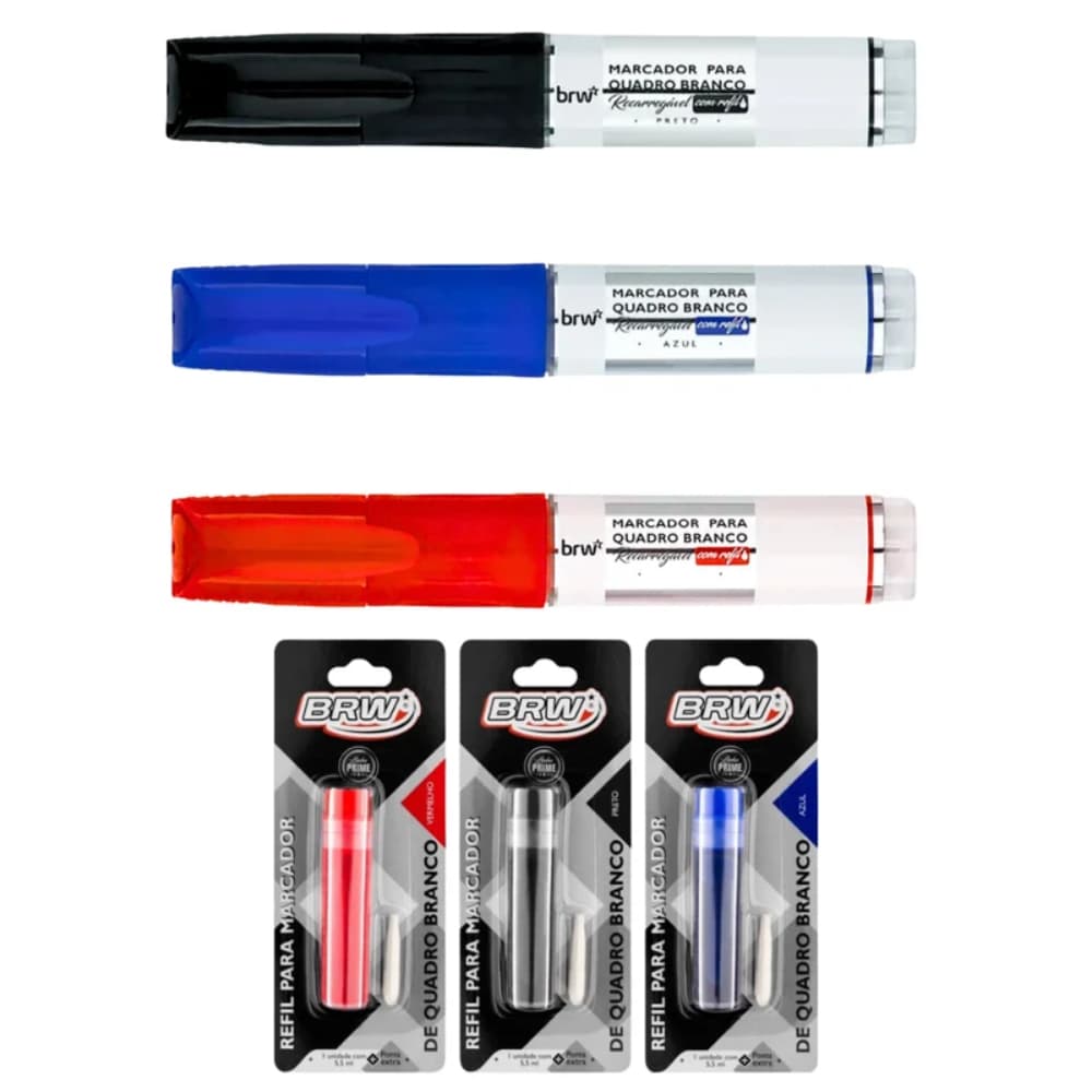 3 Pincel Marcador Quadro Branco Recarregável + 3 Refil Pincel Marcador Quadro Branco BRW
