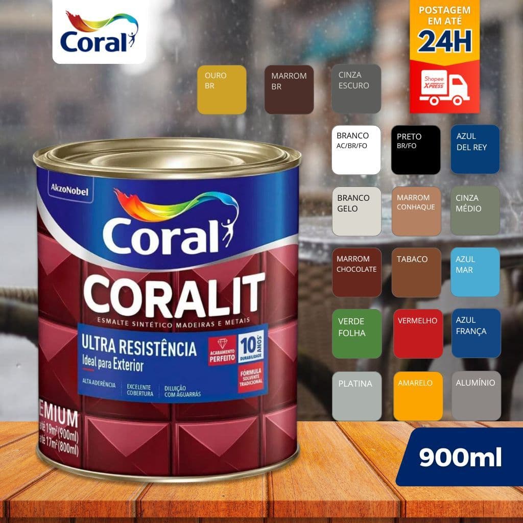 Coralit Esmalte Sintético Madeira e Metais Preto Fosco várias cores 900ml - Coral