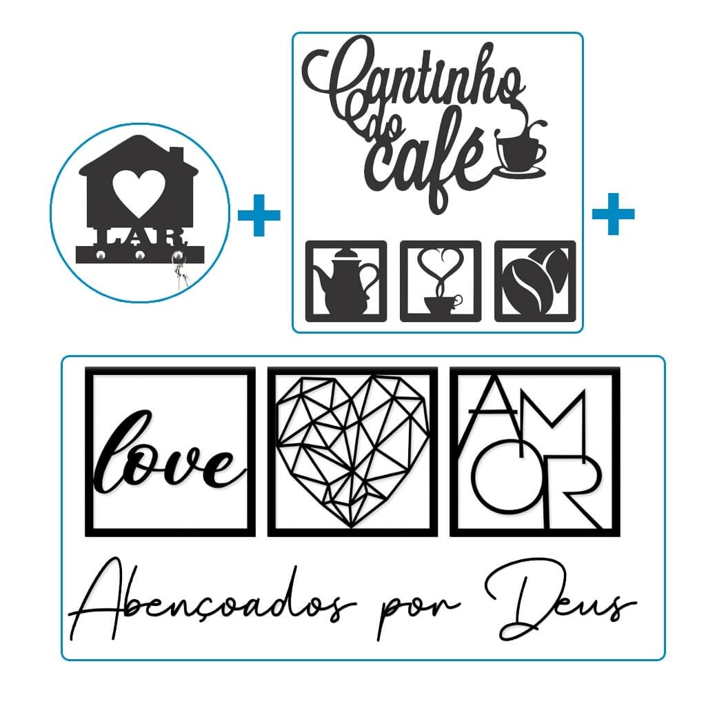Kit com 6 Placas Decorativas + 2 Letreiros Cantinho do Café e Abençoados Por Deus + Porta Chaves Lar