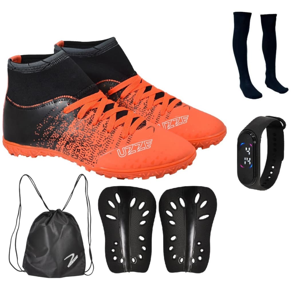 Chuteira Society Bota Nova Adulto Infantil Botinha Cano Alto + Meião Relógio Mochila Caneleira