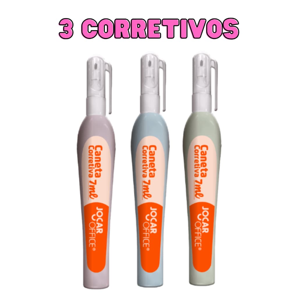CORRETIVO CANETA 7ML CORPO COLORIDO - Kit com 3 Unidades- JOCAR OFFICE