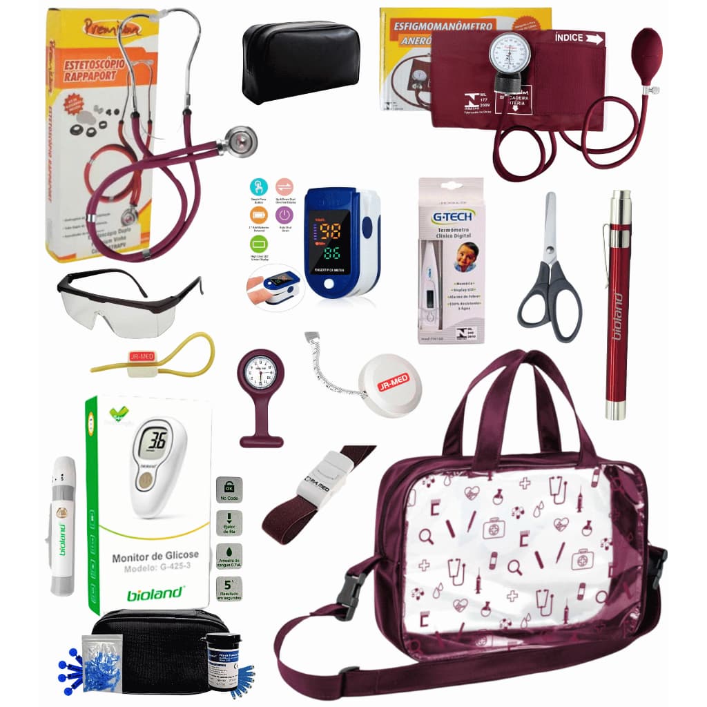 Kit Material De Enfermagem Estágio Premium Estetoscópio Duplo + Esfigmomanometro Completo + Oximetro