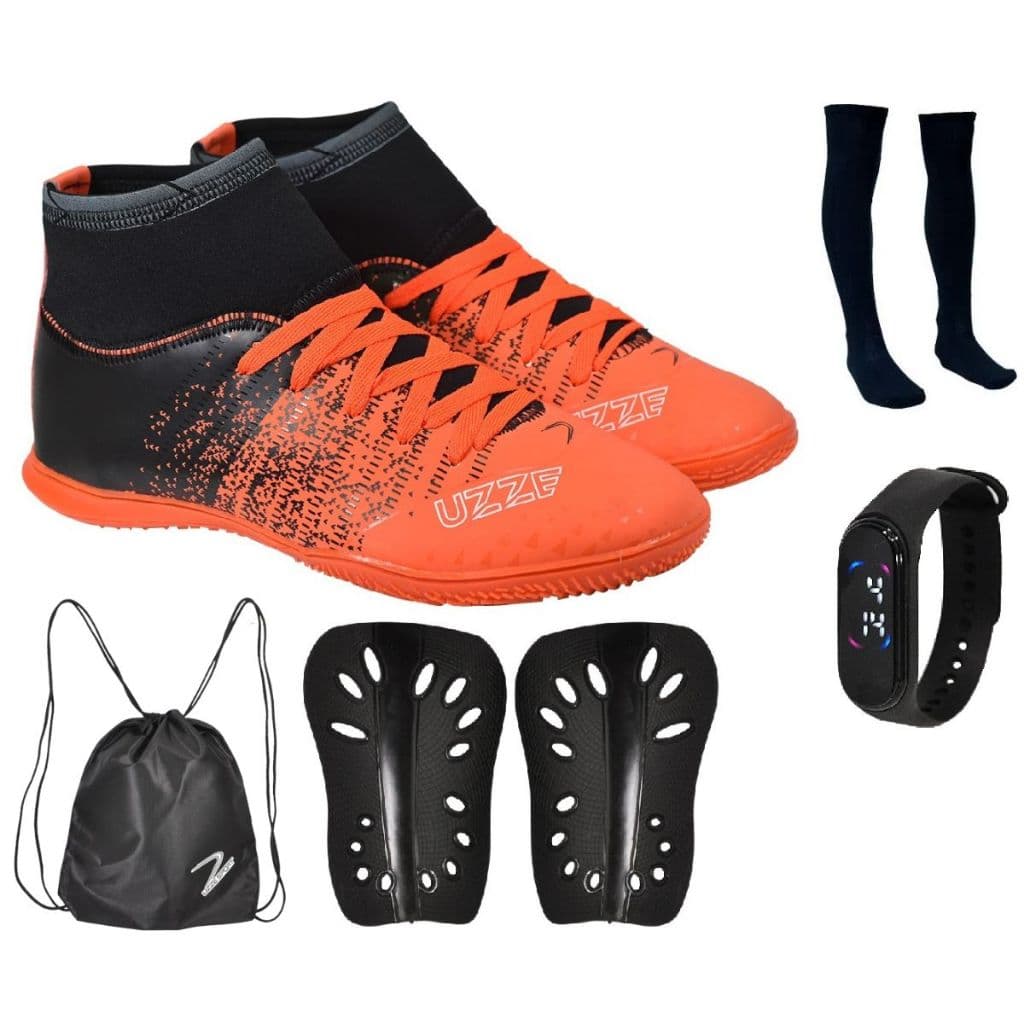 Chuteira Futsal Salão Quadra Botinha Adulto Bota Cano Alto Meião Relógio Mochila Caneleira Promoção