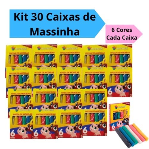 Kit 30 Caixas Massinha de Modelar 65g com 6 Cores Kit Festa Intantil Lembracinhas Alcalex