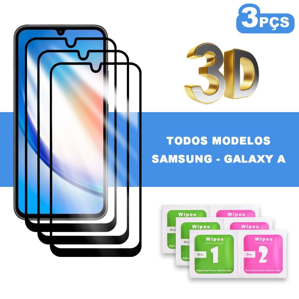 Kit 3 Película 3D Vidro Temperado Compatível Com Samsung Galaxy A55 A35 A25 A15 A05 A05s A54 A34 A24 A14 A04 A04s A04e