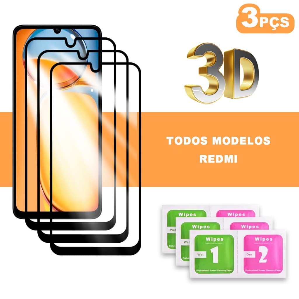 Kit 3 Película 3D Vidro Temperado Para Xiaomi Redmi Note 13 Pro Note 12 Pro Note 11 Pro Note 10 Note 9 Note 8 Note 7 13C