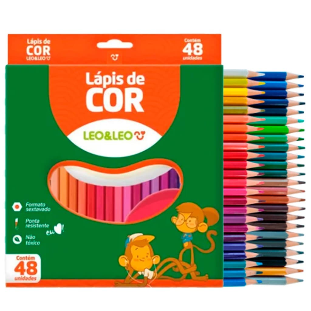 Lápis de Cor Caixa com 48 Cores Escolar Sextavado 48 Lápis Leo&Leo