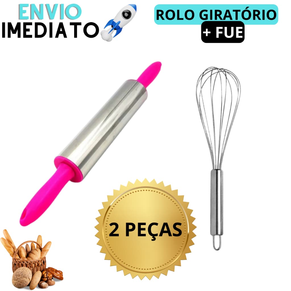 Kit Rolo De Massa + Fuê Batedor Rolo De Massa Cilindro Para Pão Pizza Macarrão Fuê Batedor de Ovos Fouet
