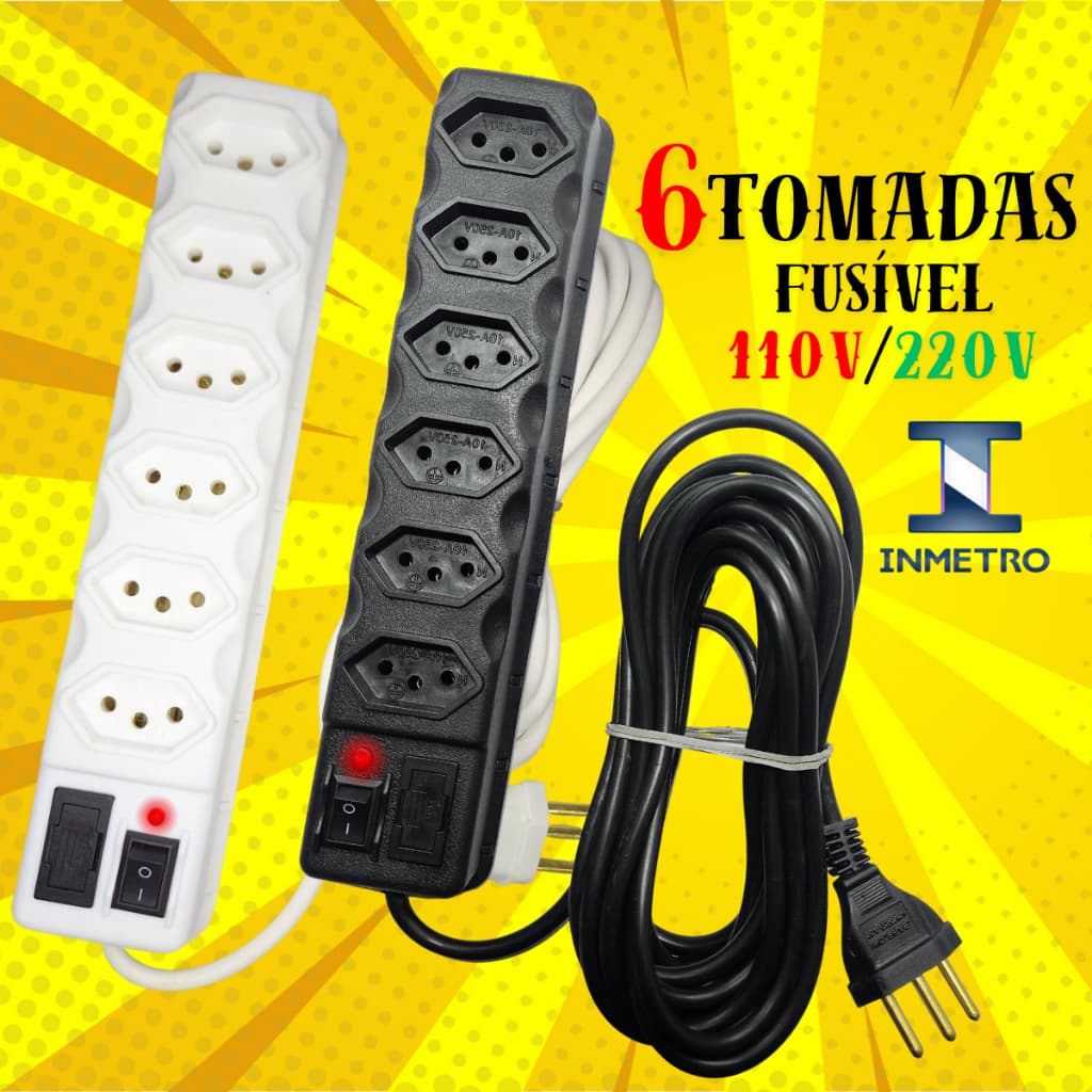 RÉGUA DE TOMADAS MODELO FILTRO DE LINHA FUSÍVEL ANTI CURTO ELÉTRICO EXTENSÃO ELÉTRICA material pvc