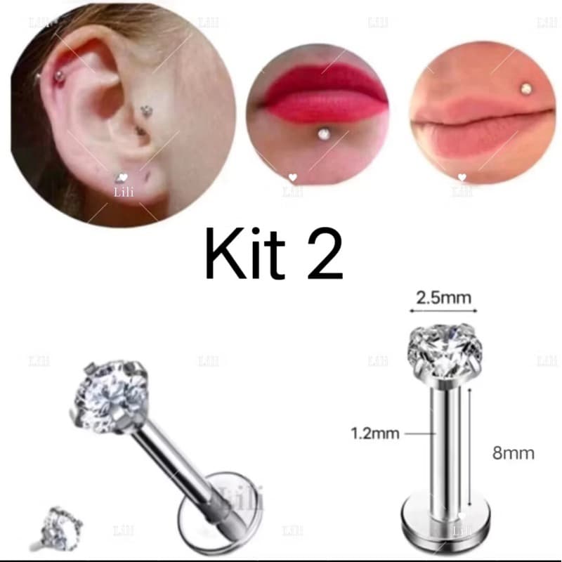 Kit 2 Piercing Labret  Ponto De Luz Helix Tragus Conch Aço Cirúrgico
