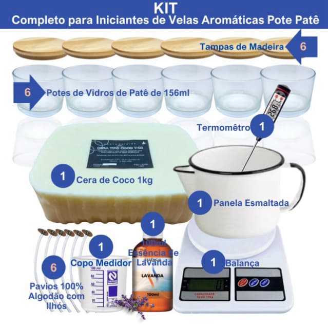 kit completo para iniciante  velas artesanais  Cera de Coco  C/Pote de Patê