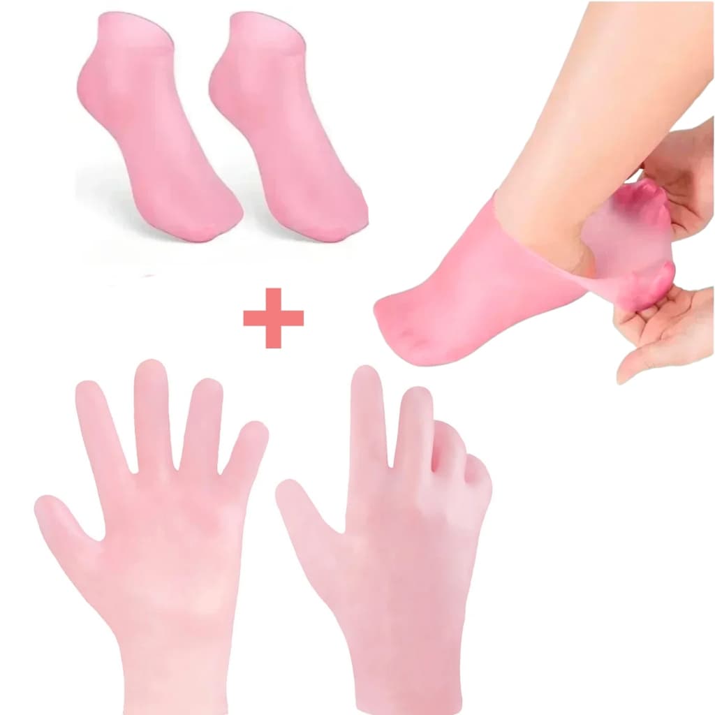 Kit Meias e Luvas de Hidratação Para Os Pés Mãos Ressecadas Rachada Esfoliante Reutilizavel Silicone