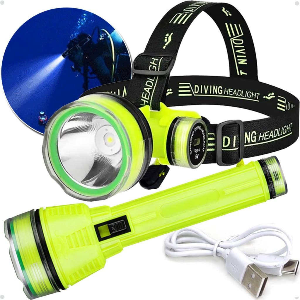 Kit 2 Lanternas Cabeça e Mão Para Mergulho Pesca Led Cree Bateria Recarregável Via USB 30m