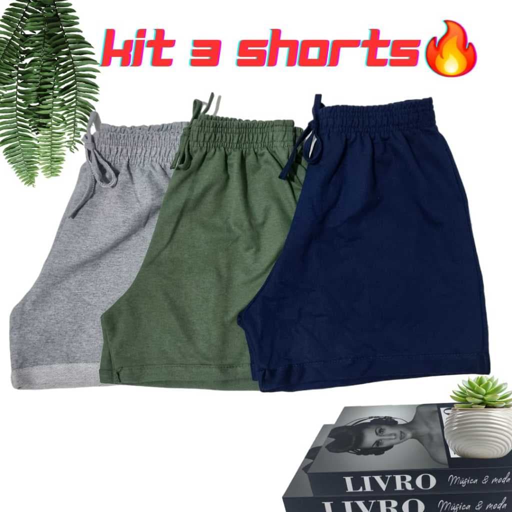 kit 3 Shorts Moletinho Feminino Moletom Liso barrinha dobrada