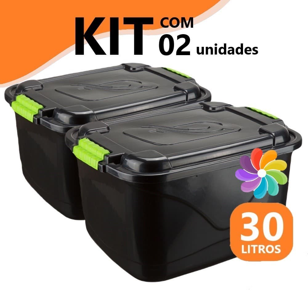 Kit 2 Caixas Organizadora 30L Tampa e Trava Cesto Container Grande P/ Brinquedos Ferramentas Multiuso