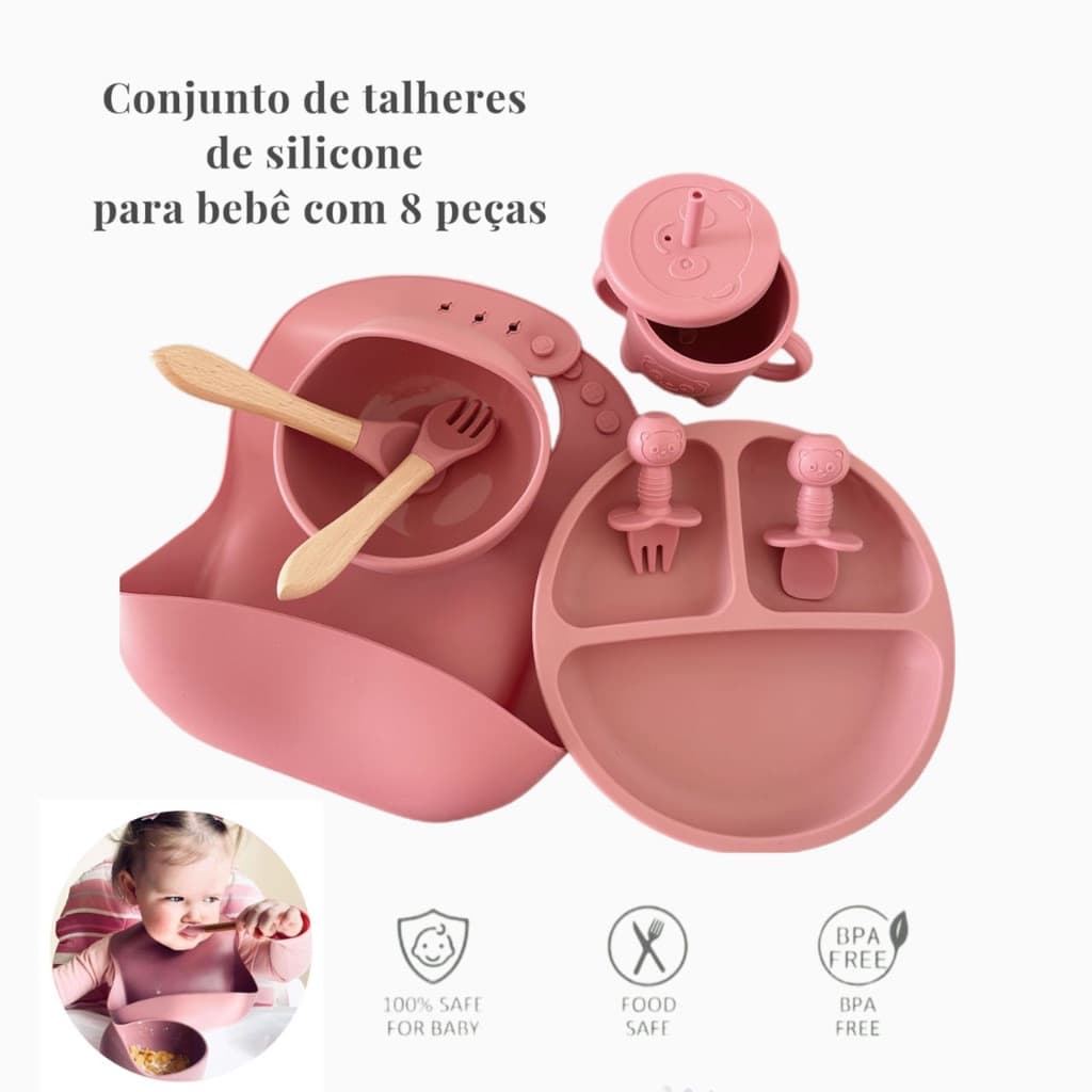 kit 8 Peças Talheres alimentação bebê silicone kit Talheres com Ventosa Canudo Colher Babador Garfo