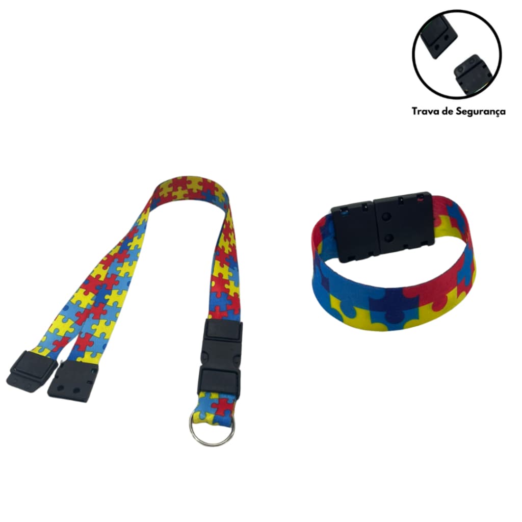 Kit Cordão Fecho Engate Rápido Autismo Autista Quebra-Cabeça + Pulseira com Trava de Segurança