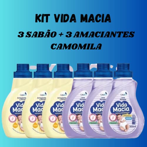 Kit Vida Macia 500ml Bebê 3 Lava Roupas liquido + 3 Amaciante Camomila (PROMOÇÃO)
