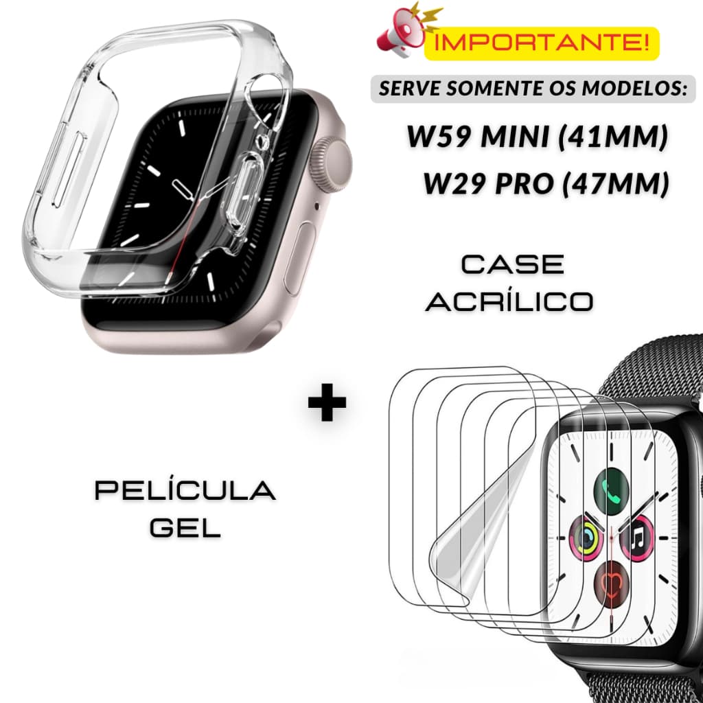 Case Acrílico + Película Silicone Protetora Para Smartwatch W29 Pro 47mm e W59 mini 41mm Microwear