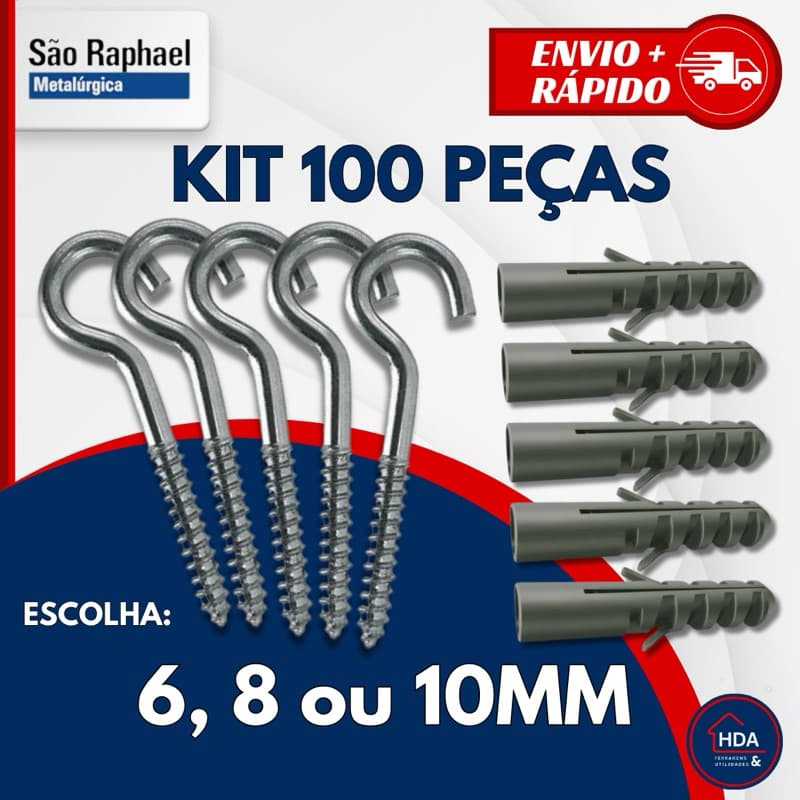 Kit de Gancho e Bucha para Fixação de 6, 8 ou 10 mm - 100 ou 50 peças - São Raphael