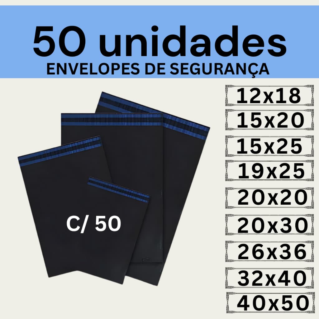 Kit 50 Envelopes Segurança Embalagem De Envio 12x18 13x25 15x20 15x25 19x25 20x20 20x30 20x50 26x36 32x40 40x50 50x60