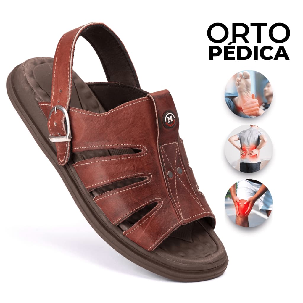 Sandália Masculina Ortopédica de Couro 100% com Solado Antiderrapante em Borracha e Máximo Conforto