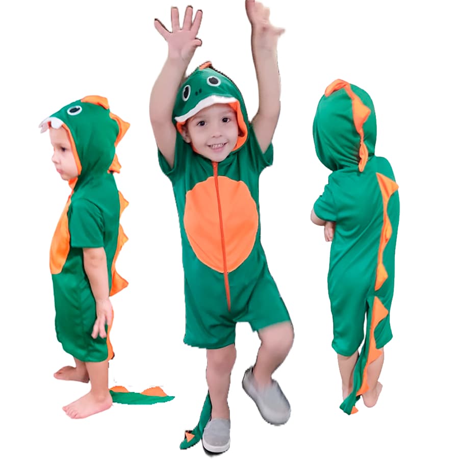 Fantasia Dinossauro Infantil Menino Luxo Curto Verde Kigurumi Dinossauro Pijama