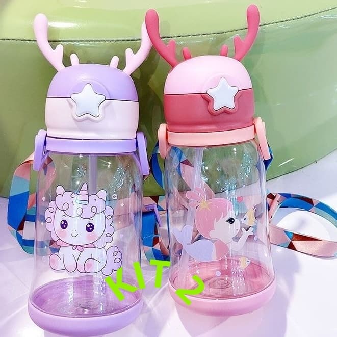 Kit 2 Garrafa De Alce Água Infantil Criança Portátil Com Canudo Desenho Multicolorido