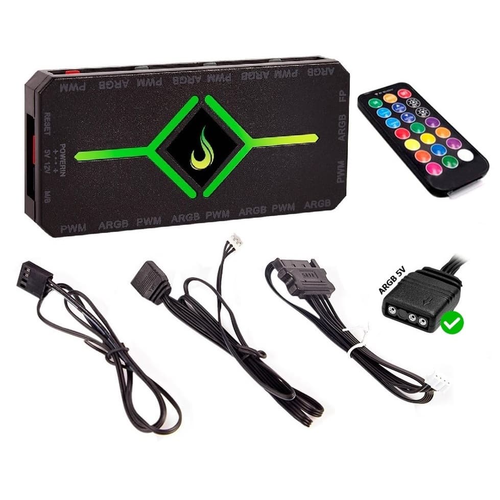 Hub Controladora Led Argb 3 Pinos 5v + PWM Até 9 Fans Coolers Fita | Com Controle Remoto + Acessórios | Rise Mode Gamer