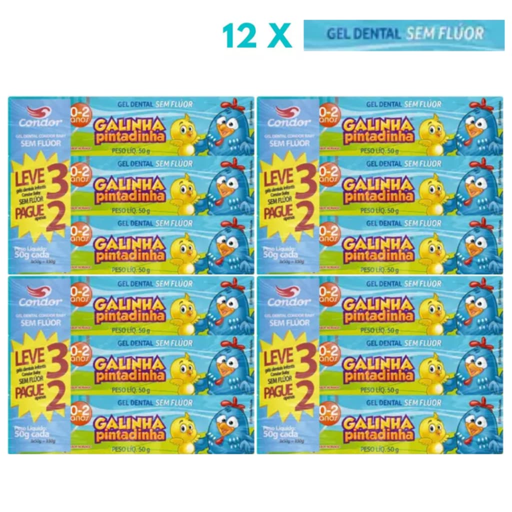 Kit 12 Gel Dental Condor Galinha Pintadinha Baby - Sem Flúor 50g