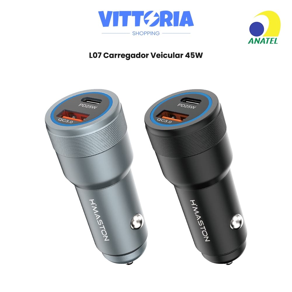 Carregador Veicular L07 38W 2 Entradas USB + Tipo-C com Luz LED Textura do Metal Carregador de Carro