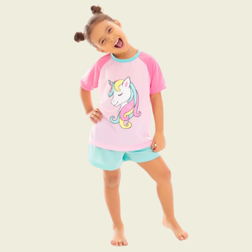 Pijama Infantil Unicórnio Manga Curta Menina Babydoll