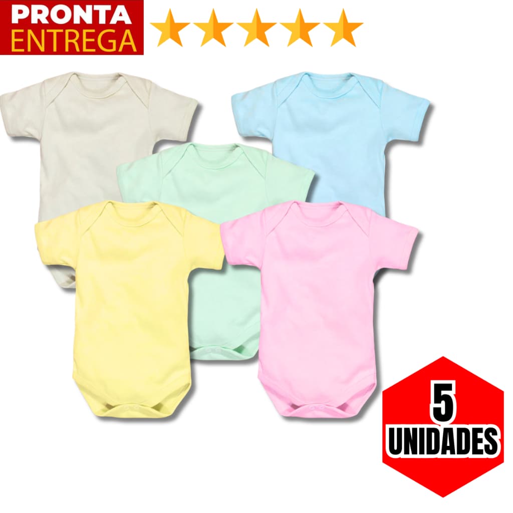 Kit 5 Body Manga Curta Liso Infantil Bebê Menino Menina