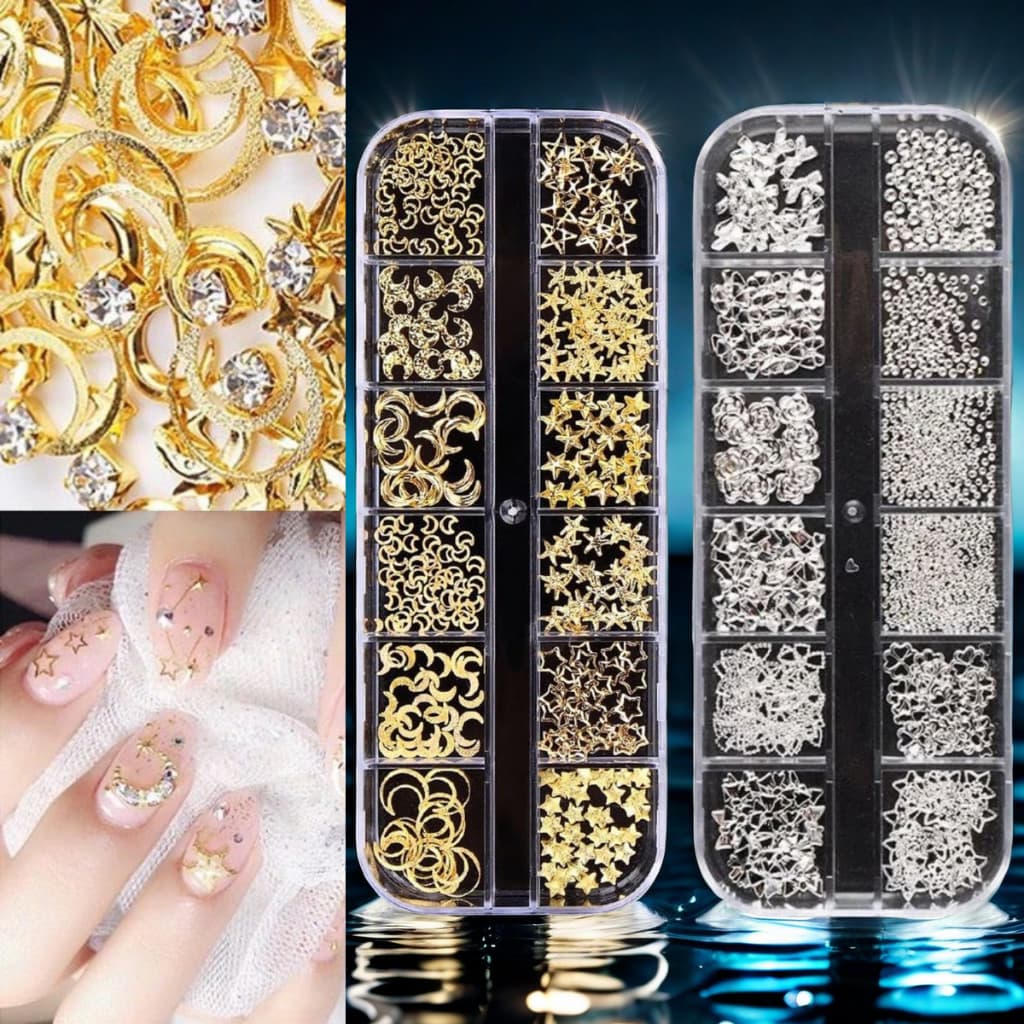 Kit 2 Caixas/3D DIY Moon star Gold Nail Art Decoration Mixed Shaped Metal Hollow Rivets Shiny Sequin Rhinestone Manicure