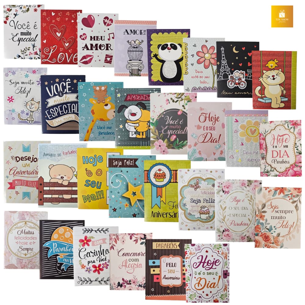 Kit 30 Cartões de Felicitações Diversos 5,5 x 7,2cm com Envelope Agência de Ideias