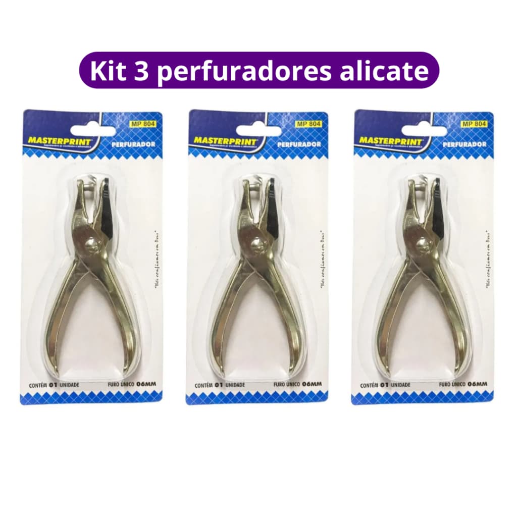 Kit 3 Perfurador Furador de Papel Alicate 1 Furo em Metal Aço Resistente MasterPrint
