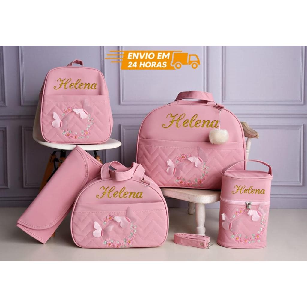 Kit bolsa maternidade borboleta para menina 5 peças (personalizado)
