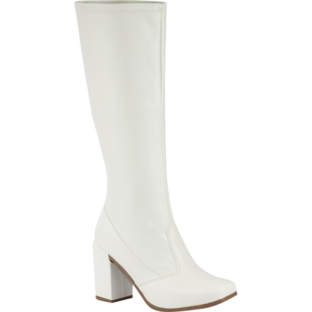 Bota Feminina Lumiss Salto Alto Grosso Confortável Cano Longo Stretch Bico Quadrado Blogueira Off White
