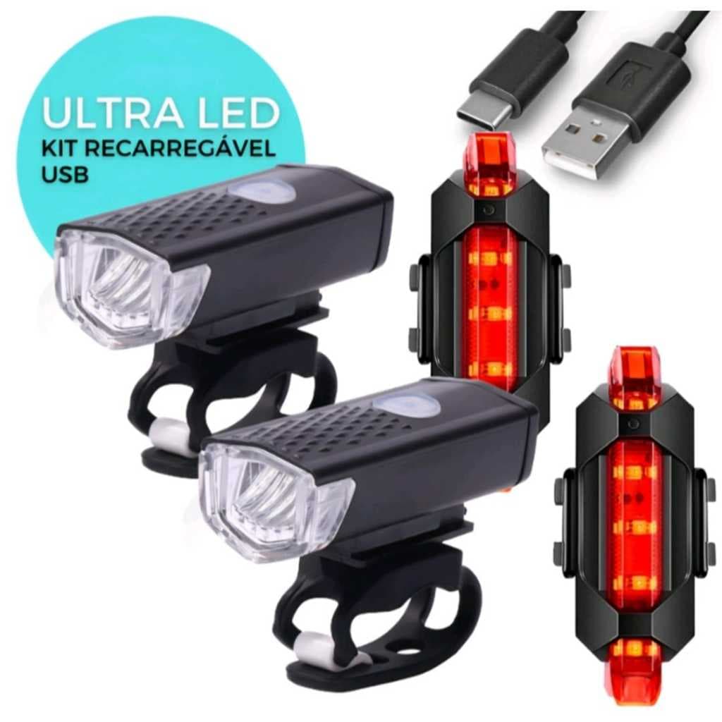kit Farol Lanterna Bike LED Usb Recarregável Ciclismo  Sinalizador Traseira Recarregável Bicicleta Segurança
