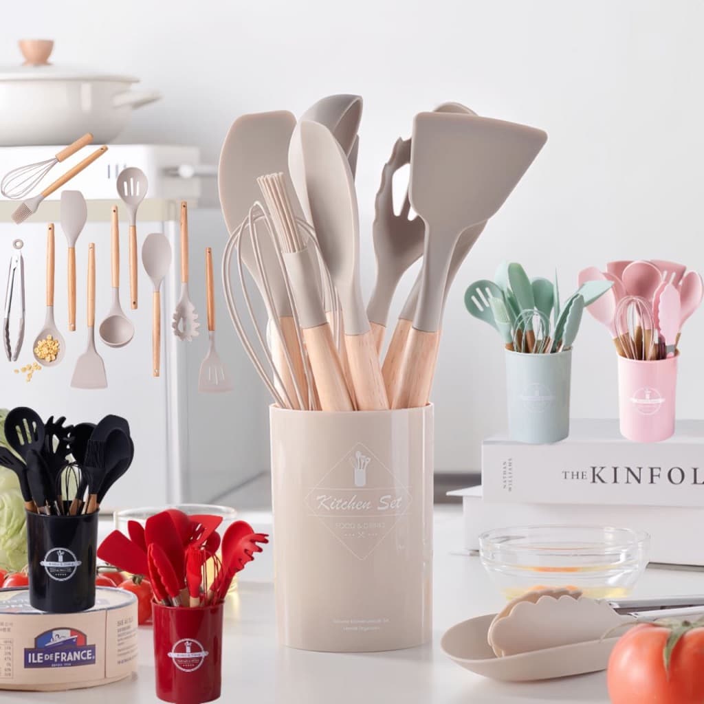 Kit 12/19 Peças Utensílios De Cozinha Colheres Espatula Silicone Cabo Madeira Decoração Livre BPA