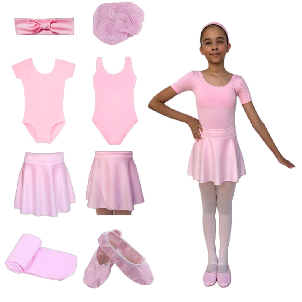 Kit Ballet Infantil Com 8 Peças: Faixa + Rede + Collant Regata +Collant +Saia De Cós +Saia Transpassada +Meia +Sapatilha