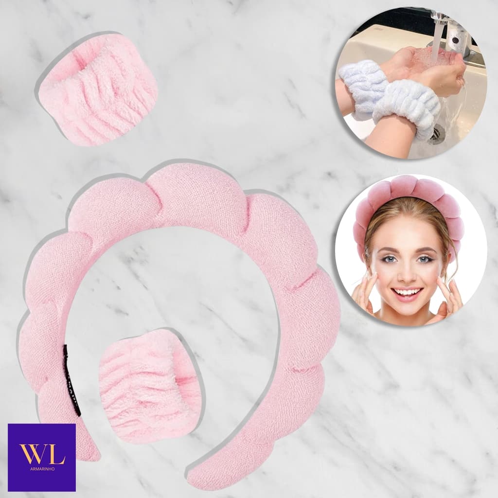 KIT 3 Peças Lavagem Facial Alça de Pulso Veludo Coral/Fivela de Cabelo Torção/Maquiagem/Ustensílios Skincare - WL