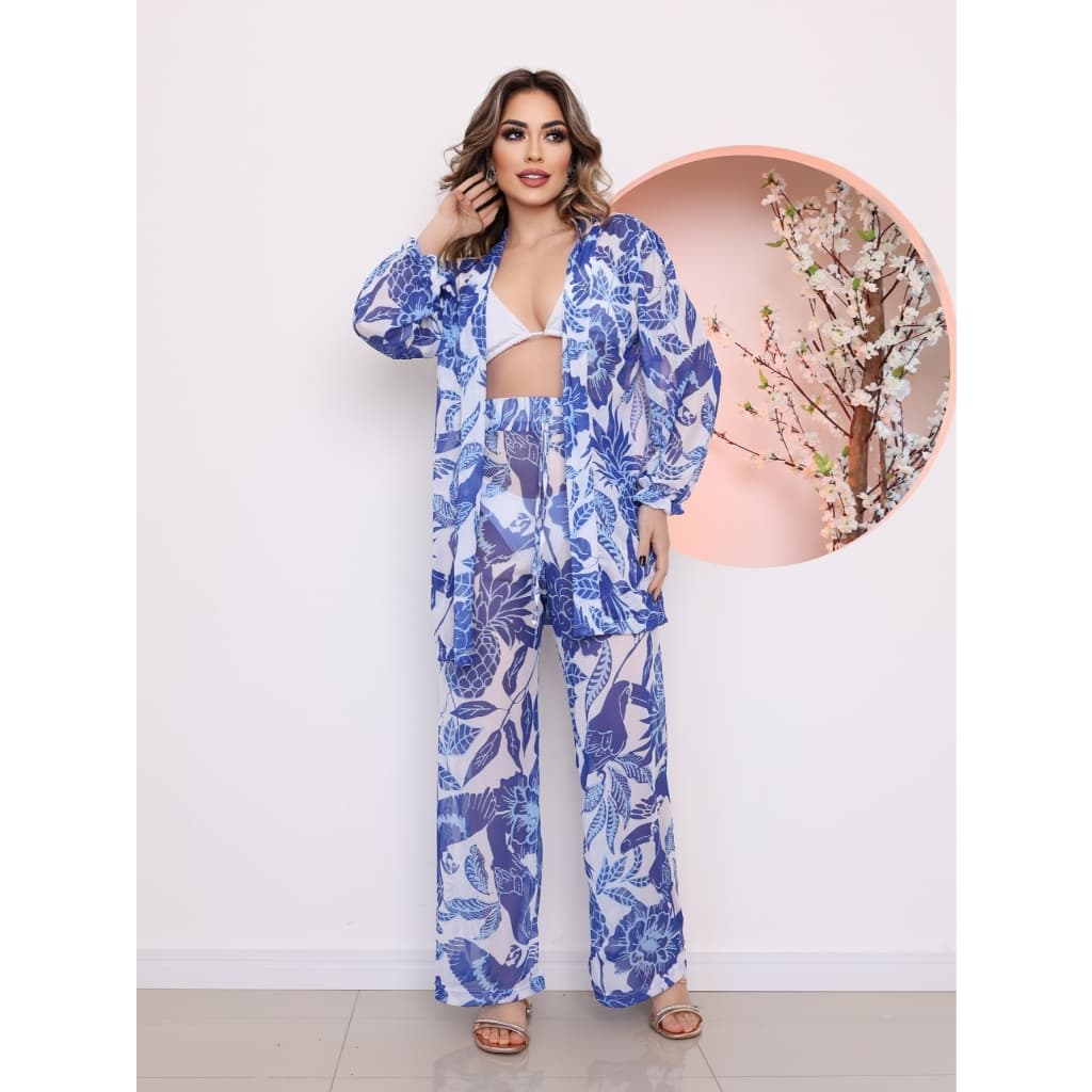 saida de praia tule conjunto camisa com calca