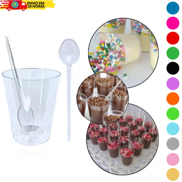 Kit 50 Unidades Copinho + 50 Colherzinhas Transparentes Para Brigadeiro 25ml Várias Cores Decoração.