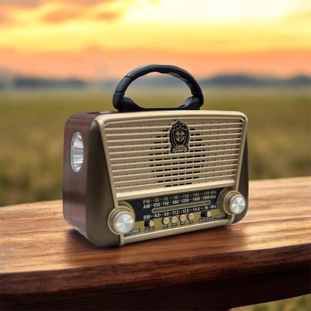 Rádio Retro Portátil Bluetooth Madeira com Lanterna Recarregável Cabo de Força Bivolt 110/220V