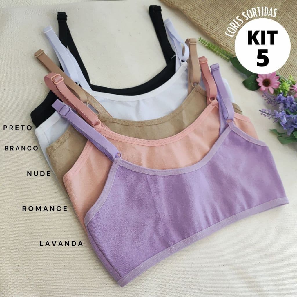 Kit 5 Sutiãs Liso Cotton Algodão Infantil Juvenil Maya Conforto Menina Básico Usar Uniforme PROMOÇÃO