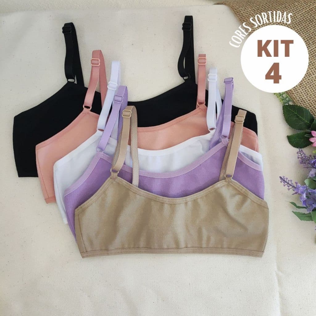 Kit 4 Sutiã Algodão Liso Básico Infantil Juvenil Maya Conforto Qualidade Regulável Menina Dia A Dia