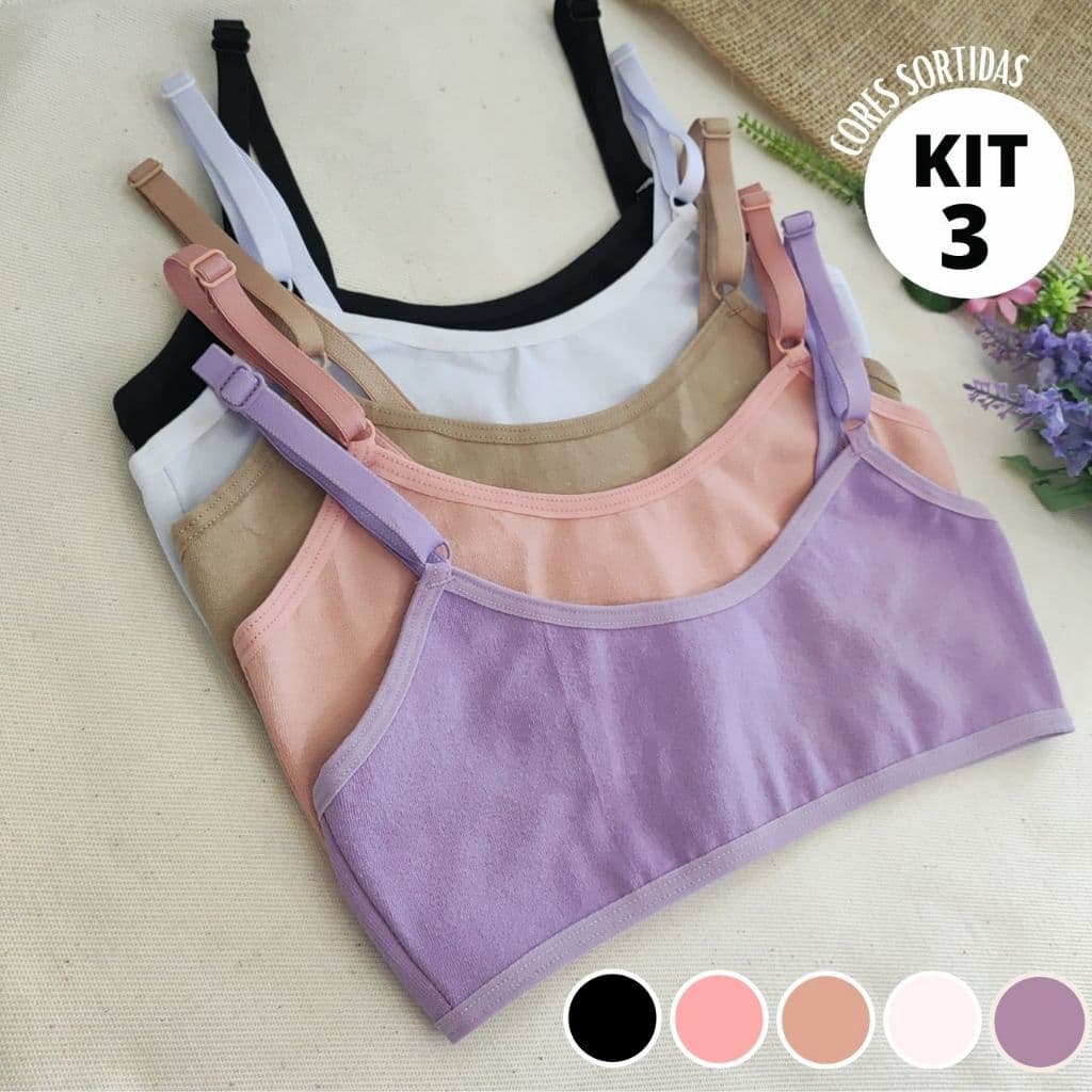 Kit 3 Sutiãs Juvenil Infantil Cotton Maya Liso Algodão Qualidade Usar Uniforme Regulável Feminino